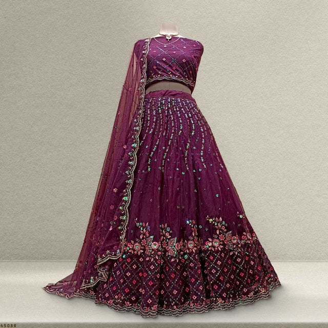 Wine maroon embroidered lehenga with flared skirt, cropped blouse and sheer dupatta
