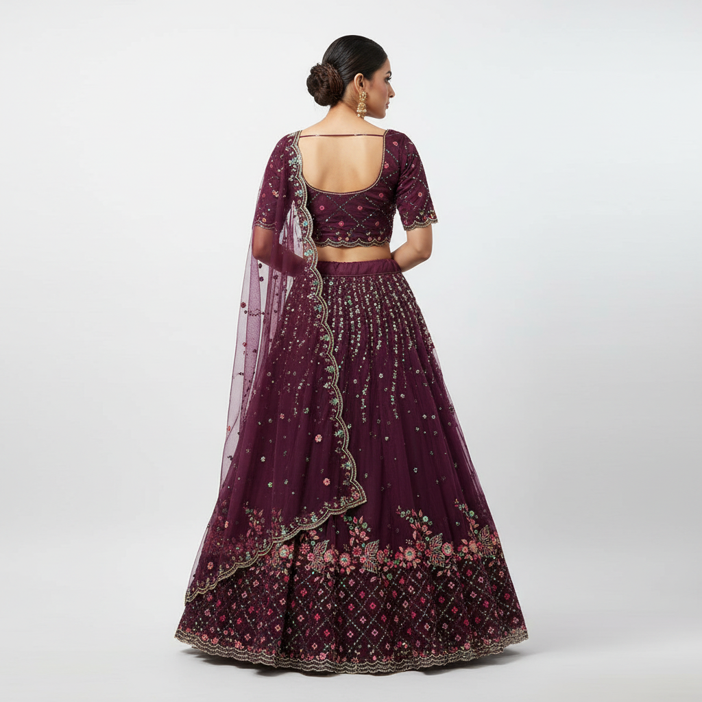 Butterfly - Lightweight Big Flared Wine Color Sider Lehenga
