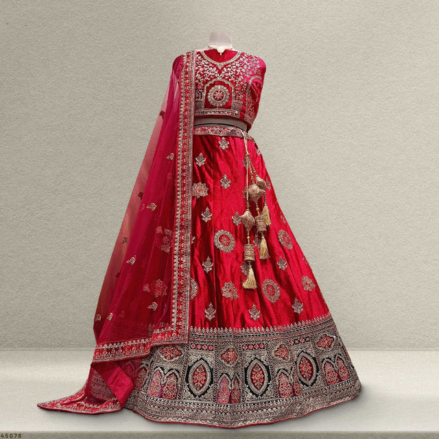 Red velvet lehenga dress with embroidered bodice and flared skirt