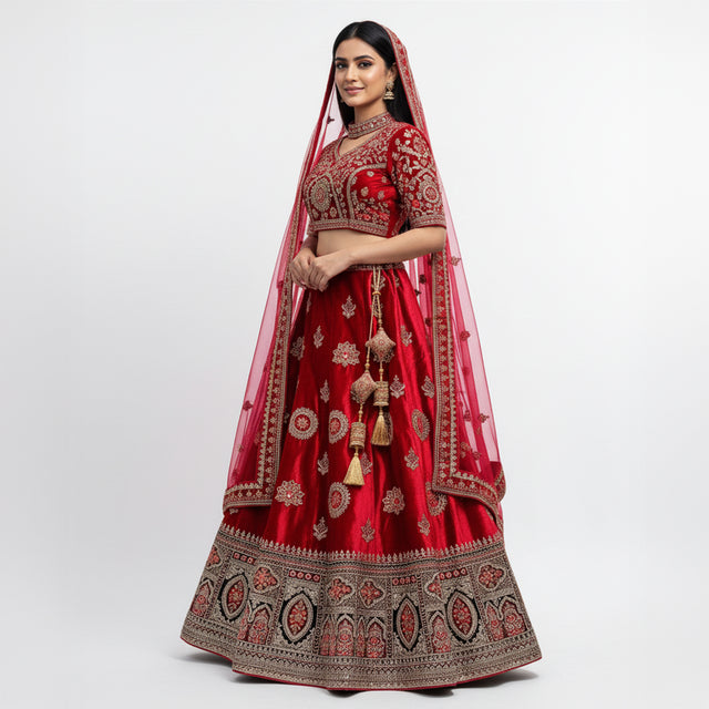 Red velvet lehenga with ornate embroidery and draped sheer dupatta