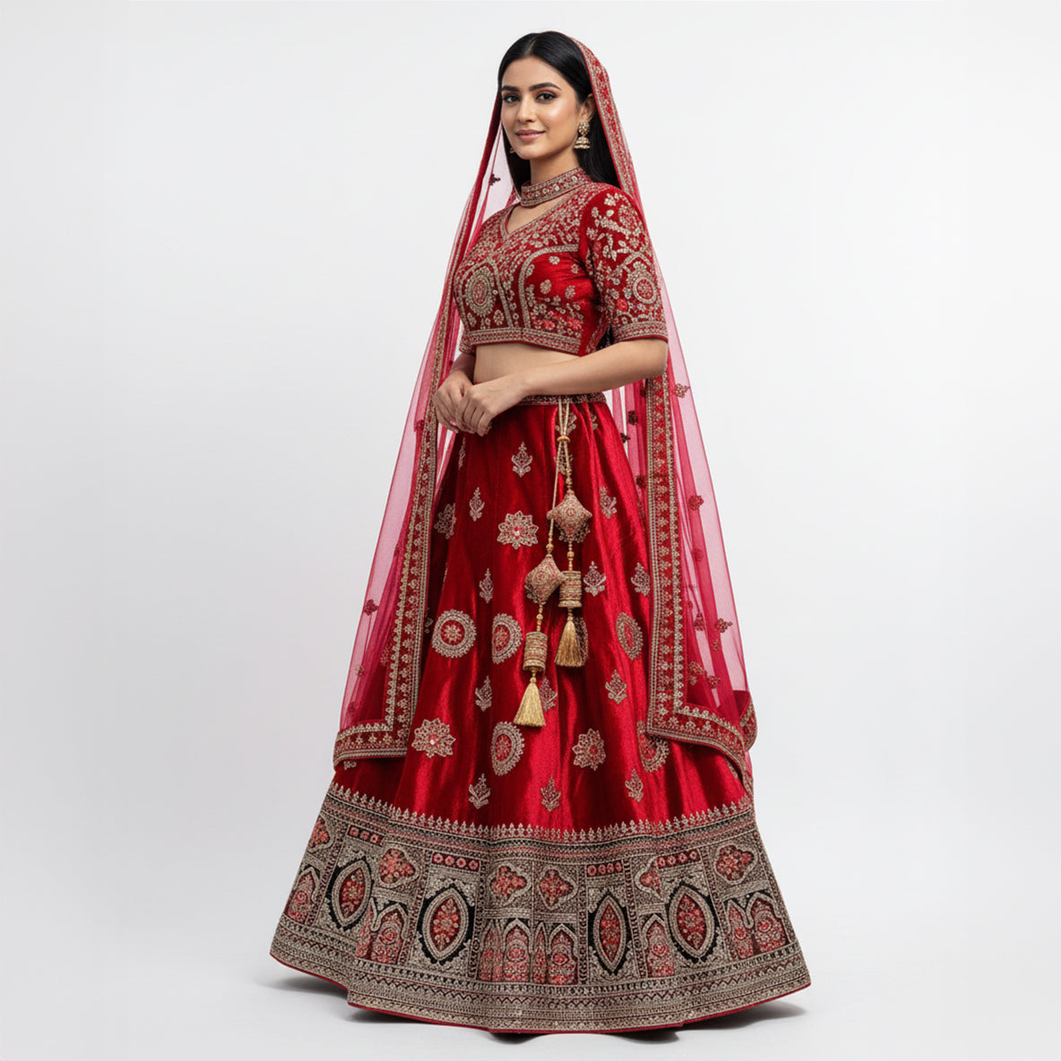 Damsel - Minimal Work Designer Red Velvet Lehenga
