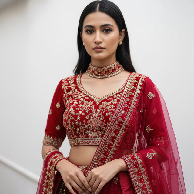 Red velvet embroidered crop top lehenga with matching dupatta