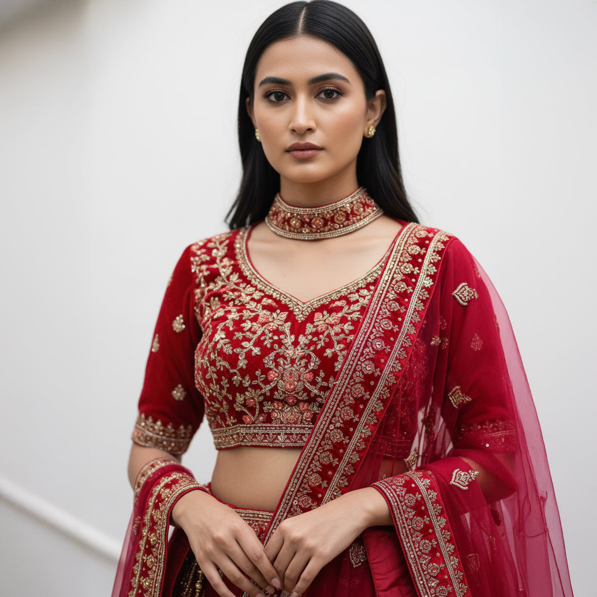 Damsel - Minimal Work Designer Red Velvet Lehenga