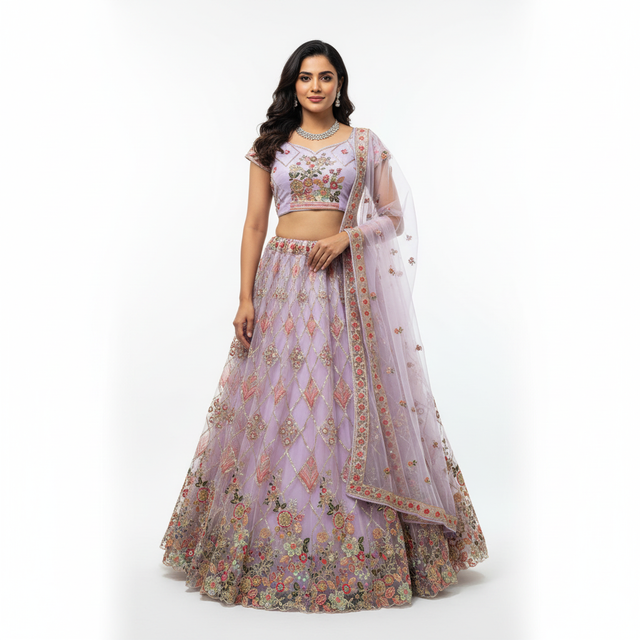 Lavender net lehenga with short-sleeve embroidered blouse and flowing floral dupatta