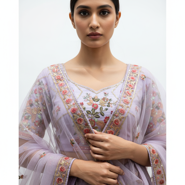 Lavender net blouse with V-neck embroidered floral motifs and sheer sleeves