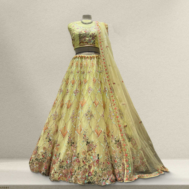 Yellow net lehenga with embroidered bodice and flared skirt, sleeveless