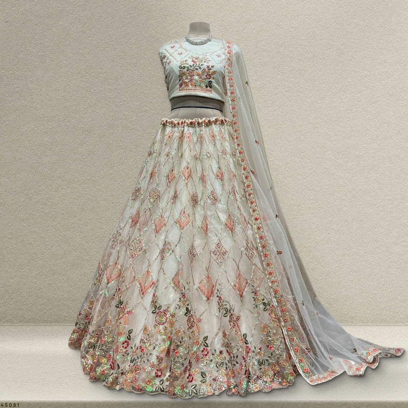 Butterfly - Ready-to-Wear Partywear Off White Net Lehenga JMS Studio {{ Royal Red Bridal Lehenga}}