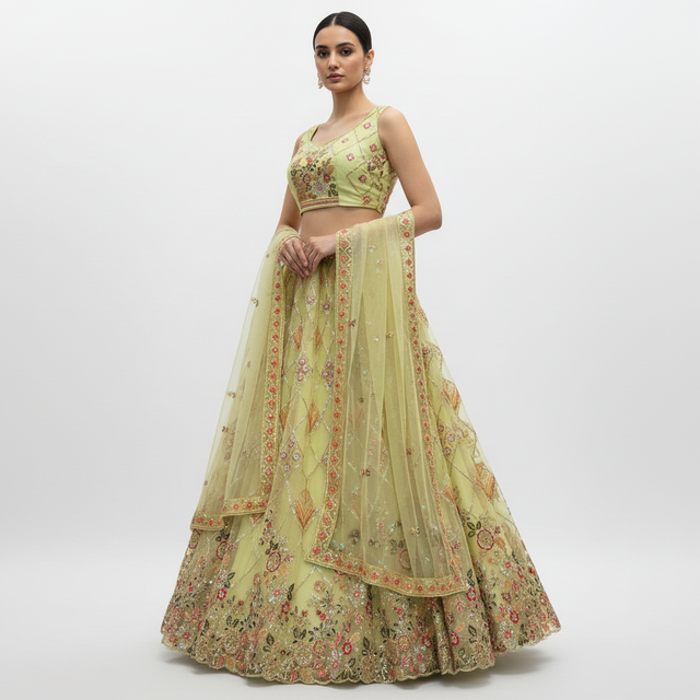 Embroidered sleeveless blouse and tiered net lehenga skirt with scalloped hem