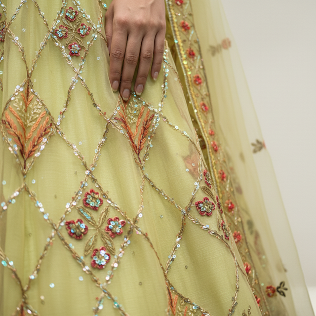 Close-up of embroidered net fabric with floral motifs and beadwork on yellow