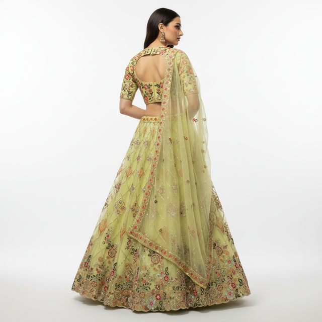 Back view of yellow net lehenga with embroidered yoke and flowing drape