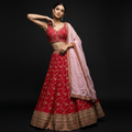 Red net lehenga with gold border and pink organza dupatta, V-neck blouse