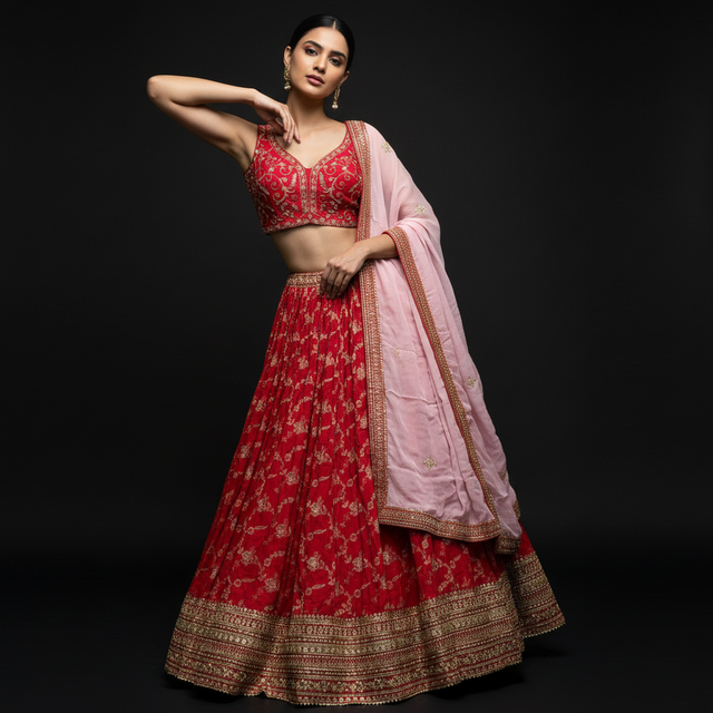 Red net lehenga with gold border and pink organza dupatta, V-neck blouse