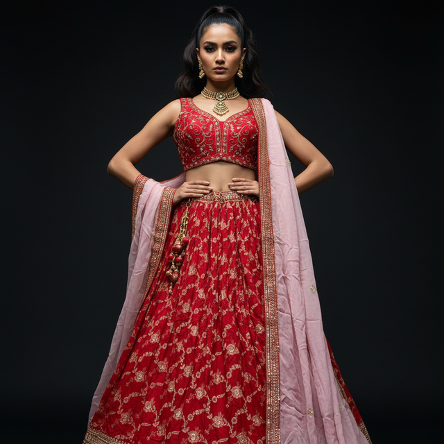 Red net lehenga with embroidered yoke and hem border, pink organza dupatta