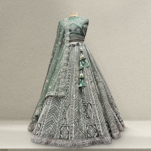 Cherry Blossom - Sequins Stone Work Designer Reception Engagement Lehenga Sea Weed Color - JMS Studio