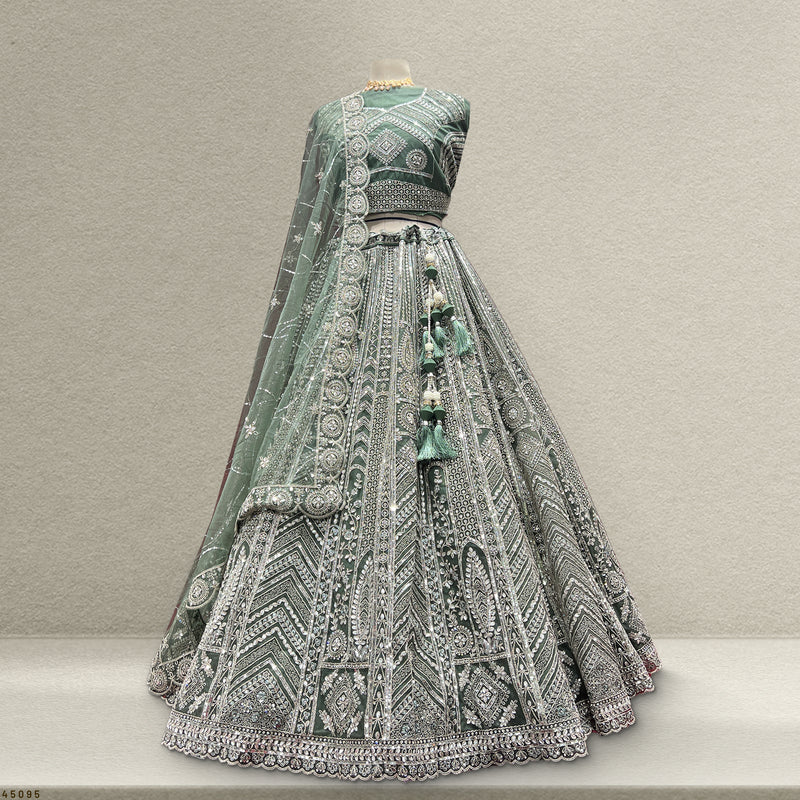 Cherry Blossom - Sequins Stone Work Designer Reception Engagement Lehenga Sea Weed Color - JMS Studio