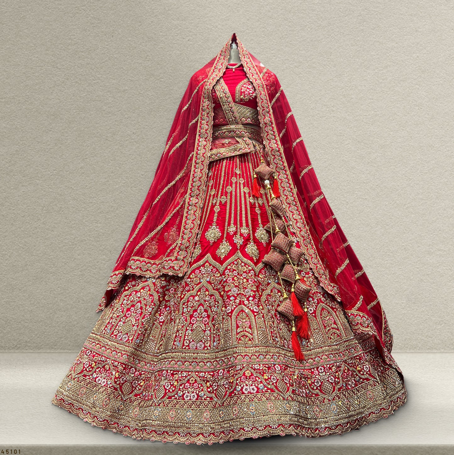 Sangria : Double Dupatta Royal Red Bridal Lehenga JMS Studio {{ Royal Red Bridal Lehenga}}