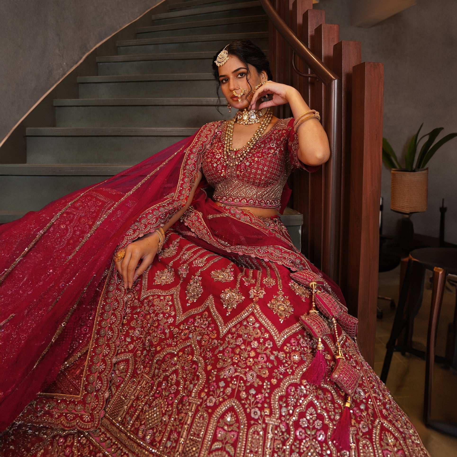 Sangria : Double Dupatta Royal Red Bridal Lehenga