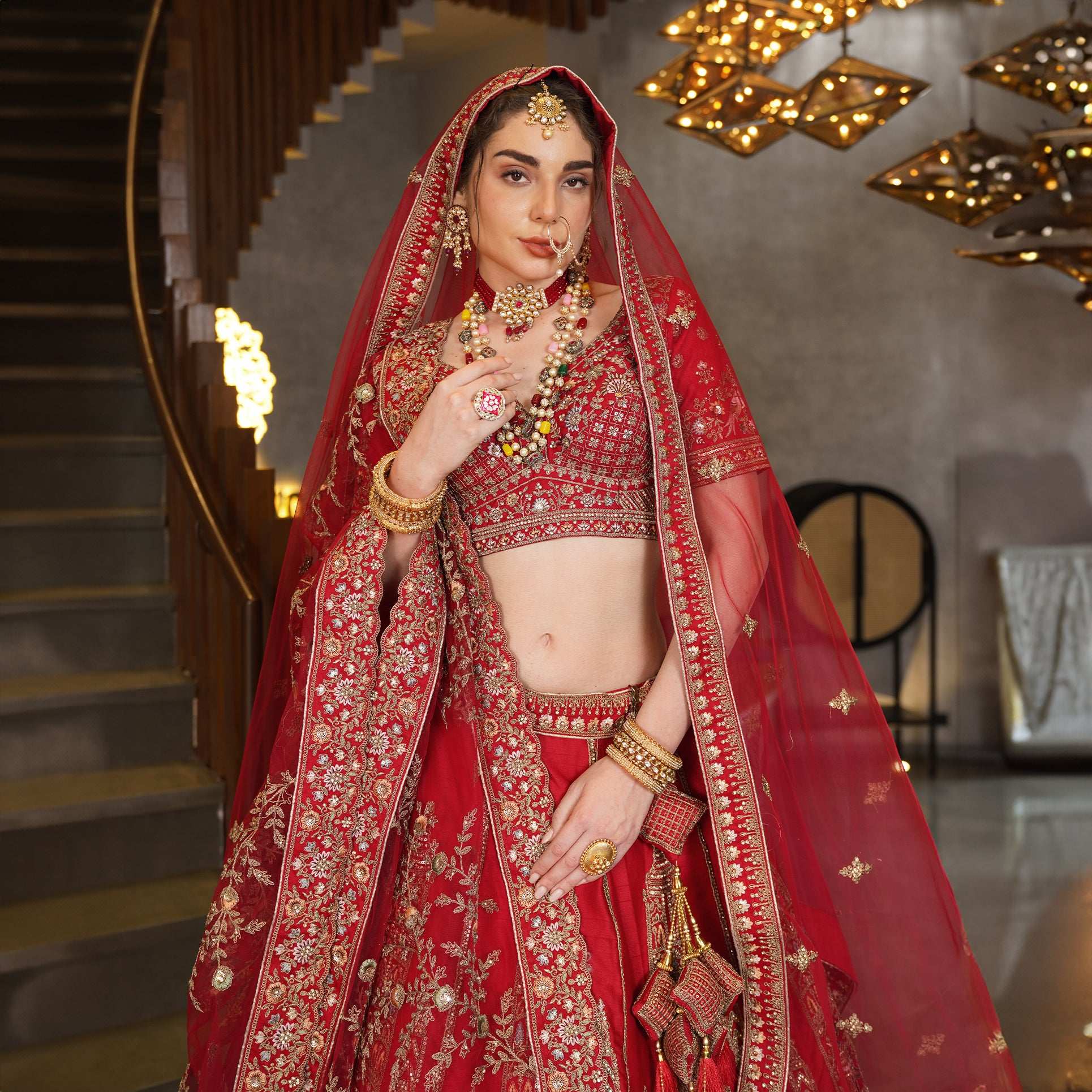 Sangria : Double Dupatta Minimal Royal Red Bridal Lehenga