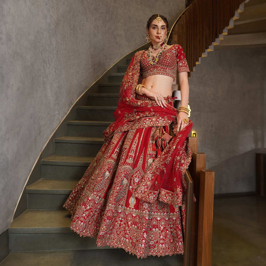 Sangria : Double Dupatta Minimal Royal Red Bridal Lehenga