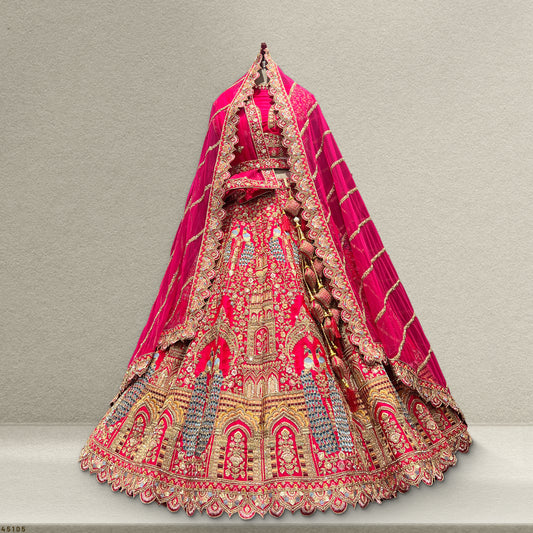 Dulhan in Rani Pink Lehenga : Peacock Design Double Dupatta Bridal Lehenga