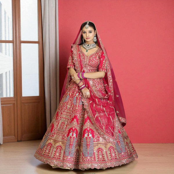Dulhan in Rani Pink Lehenga : Peacock Design Double Dupatta Bridal Lehenga