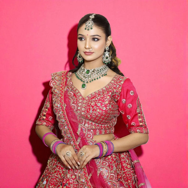 Dulhan in Rani Pink Lehenga : Peacock Design Double Dupatta Bridal Lehenga