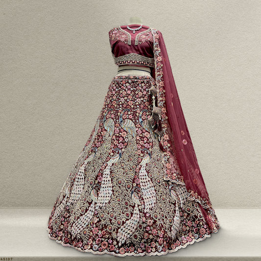 Jazzagals - The Modern Peacock Design Cocktail Reception Lehenga Maroon JMS Studio {{ Royal Red Bridal Lehenga}}