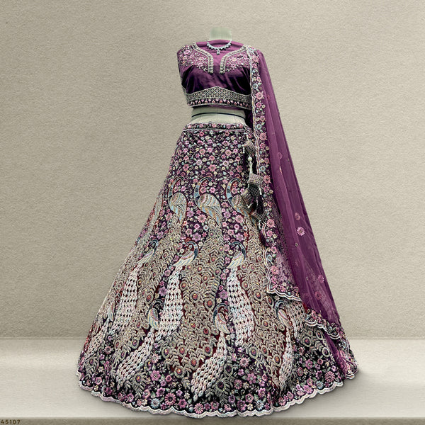 Jazzagals - The Modern Peacock Design Cocktail Reception Lehenga Purple JMS Studio {{ Royal Red Bridal Lehenga}}