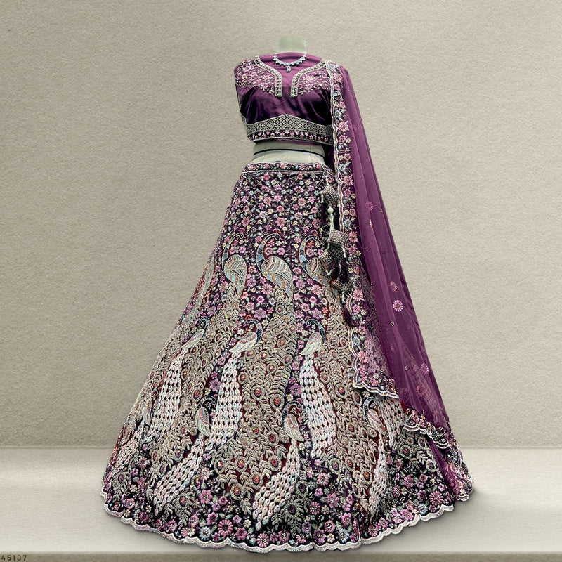 Jazzagals - The Modern Peacock Design Cocktail Reception Lehenga Purple JMS Studio {{ Royal Red Bridal Lehenga}}