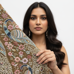 Embroidered lehenga sleeve panel with peacock motifs, pink flowers, and blue accents