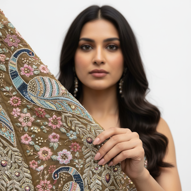 Embroidered lehenga sleeve panel with peacock motifs, pink flowers, and blue accents