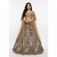 Gold and multicolor peacock print lehenga with sheer dupatta and embellished bodice