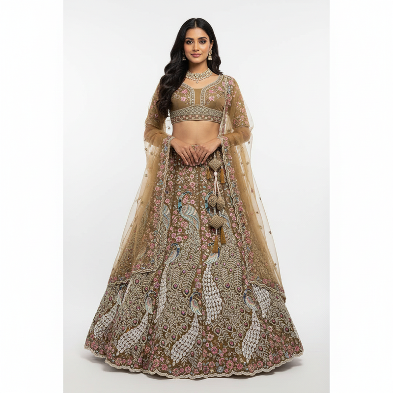 Gold and multicolor peacock print lehenga with sheer dupatta and embellished bodice