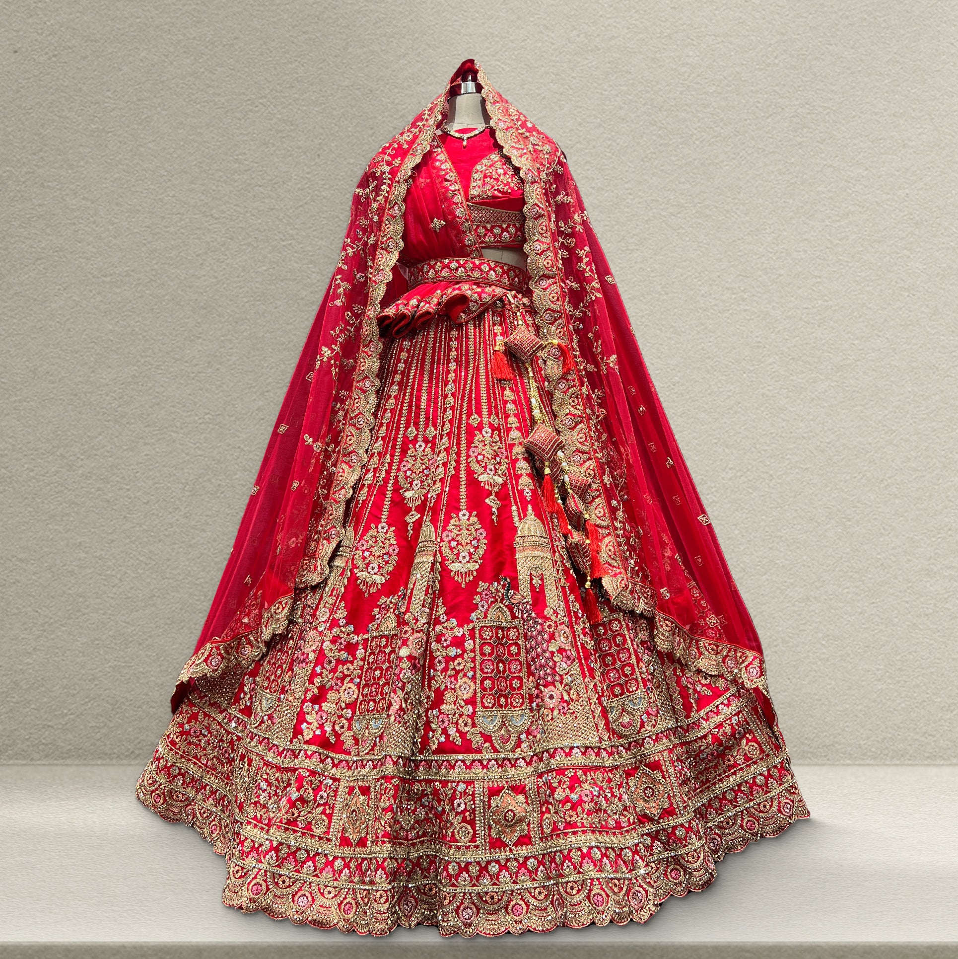 Sangria : Double Dupatta Wedding Bells Royal Red Bridal Lehenga JMS Studio {{ Royal Red Bridal Lehenga}}