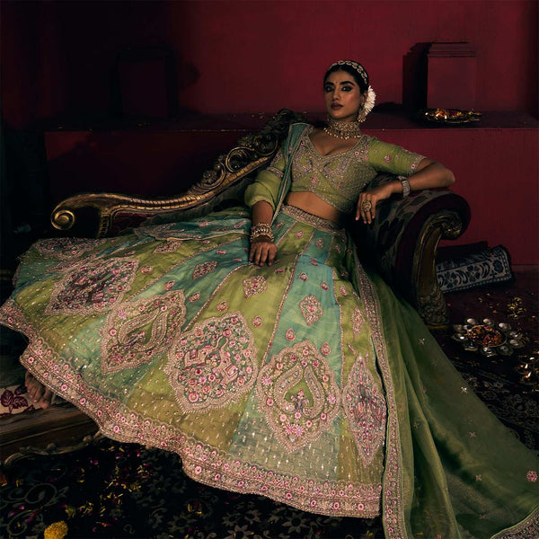 Damsel - Double Dupatta Tissue Silk Multi Color Festival Carnival Lehenga