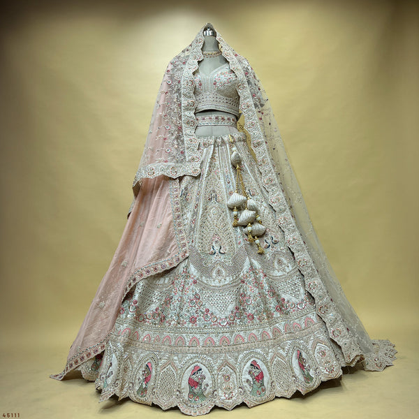 Rosé - Wedding Trousseau in Pastel Hues Raw Silk Off White Bridal Lehenga