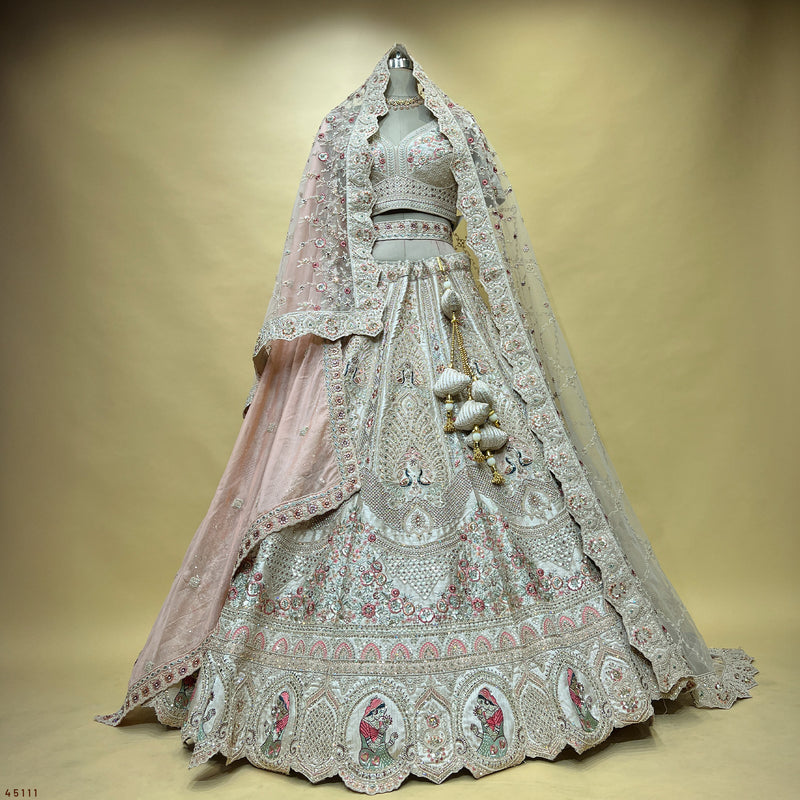 Rosé - Wedding Trousseau in Pastel Hues Raw Silk Off White Bridal Lehenga