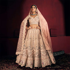 Rosé - Wedding Trousseau in Pastel Hues Raw Silk Off White Bridal Lehenga