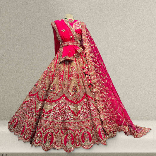 Dulhan in Rani Pink Lehenga : Peacock Design Double Dupatta Bridal Lehenga
