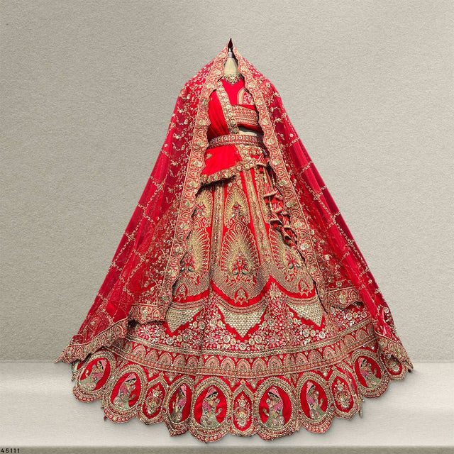 Red bridal lehenga with flared skirt, silver embroidery, and double dupatta