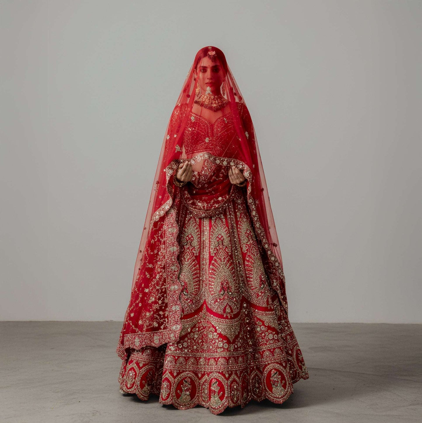 Dulhan in Royal Red Bridal Lehenga : Double Dupatta Raw Silk Flared Lehenga