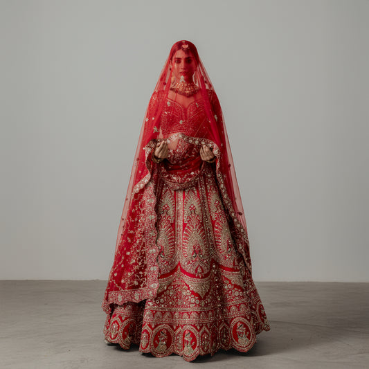 Dulhan in Royal Red Bridal Lehenga : Double Dupatta Raw Silk Flared Lehenga