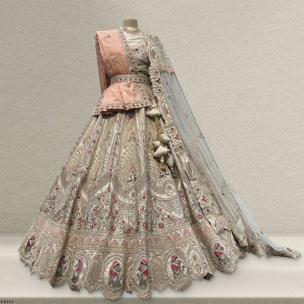 Rosé - Wedding Trousseau in Pastel Hues Raw Silk Off White Bridal Lehenga