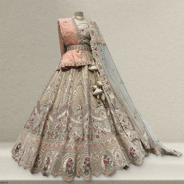 Rosé - Wedding Trousseau in Pastel Hues Raw Silk Off White Bridal Lehenga