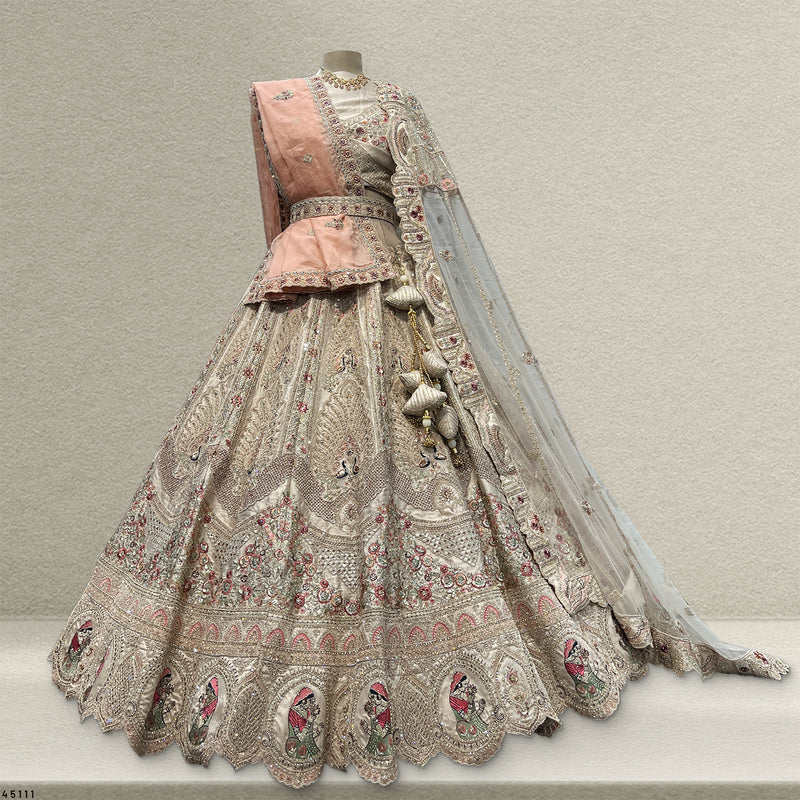 Rosé - Wedding Trousseau in Pastel Hues Raw Silk Off White Bridal Lehenga