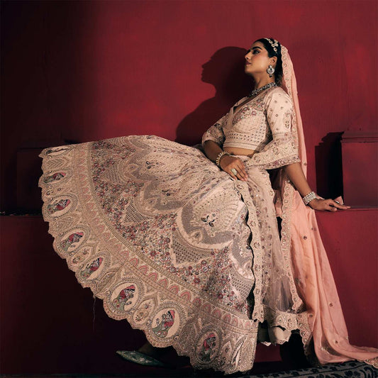 Rosé - Wedding Trousseau in Pastel Hues Raw Silk Off White Bridal Lehenga