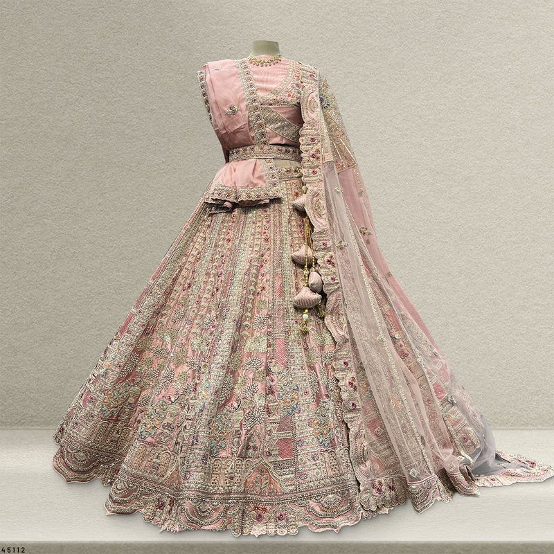 Rosé - Wedding Trousseau in Pastel Hues Raw Silk Baby Pink Bridal Lehenga