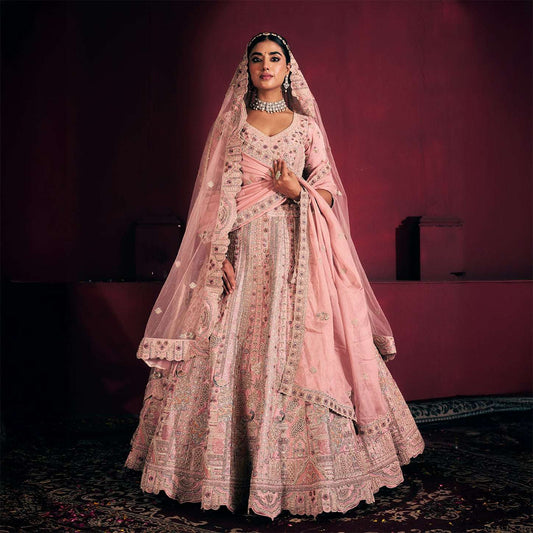 Rosé - Wedding Trousseau in Pastel Hues Raw Silk Baby Pink Bridal Lehenga