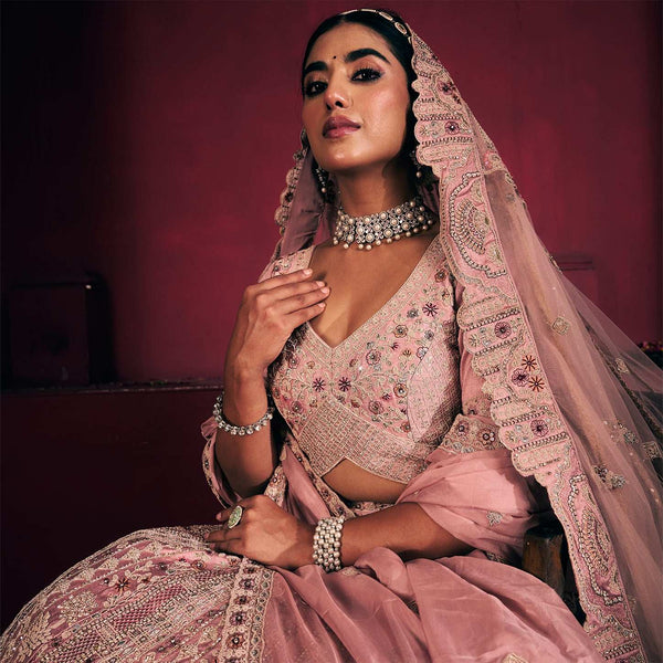 Rosé - Wedding Trousseau in Pastel Hues Raw Silk Baby Pink Bridal Lehenga