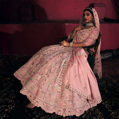 Rosé - Wedding Trousseau in Pastel Hues Raw Silk Baby Pink Bridal Lehenga
